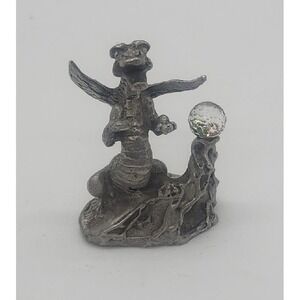 Small pewter DRAGON w/ wings and‎ round crystal figurine